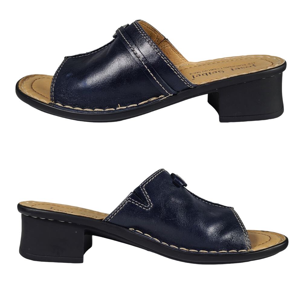 Josef Seibel Navy Blue Leather Slides Sandals Mules Shoes Mint Size 37 US 5 1/2